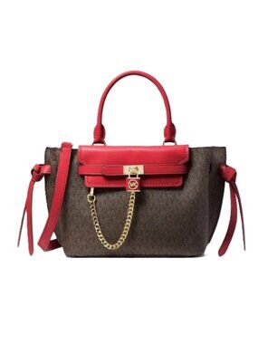 NWT - Michael Kors Hamilton Legacy Sm Logo Belted Satchel, Crimson/Brown